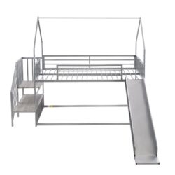 Twin Over Twin Metal Bunk Bed House Bed With Slide And Staircase - Silver