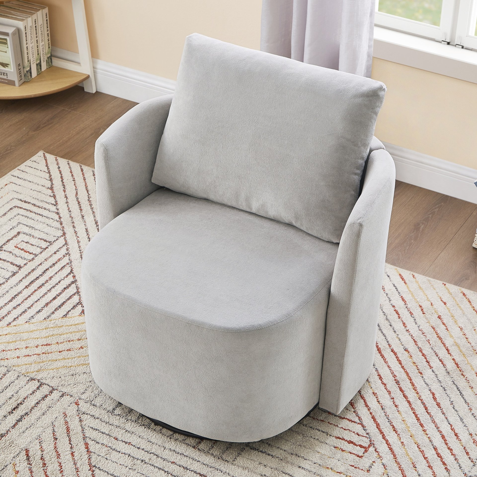 Modern 360° Swivel Accent Barrel Armchair Chenille, Upholstered With Curved Design For Living Room, Bedroom, Office, And Hotel - Gray - Image 10