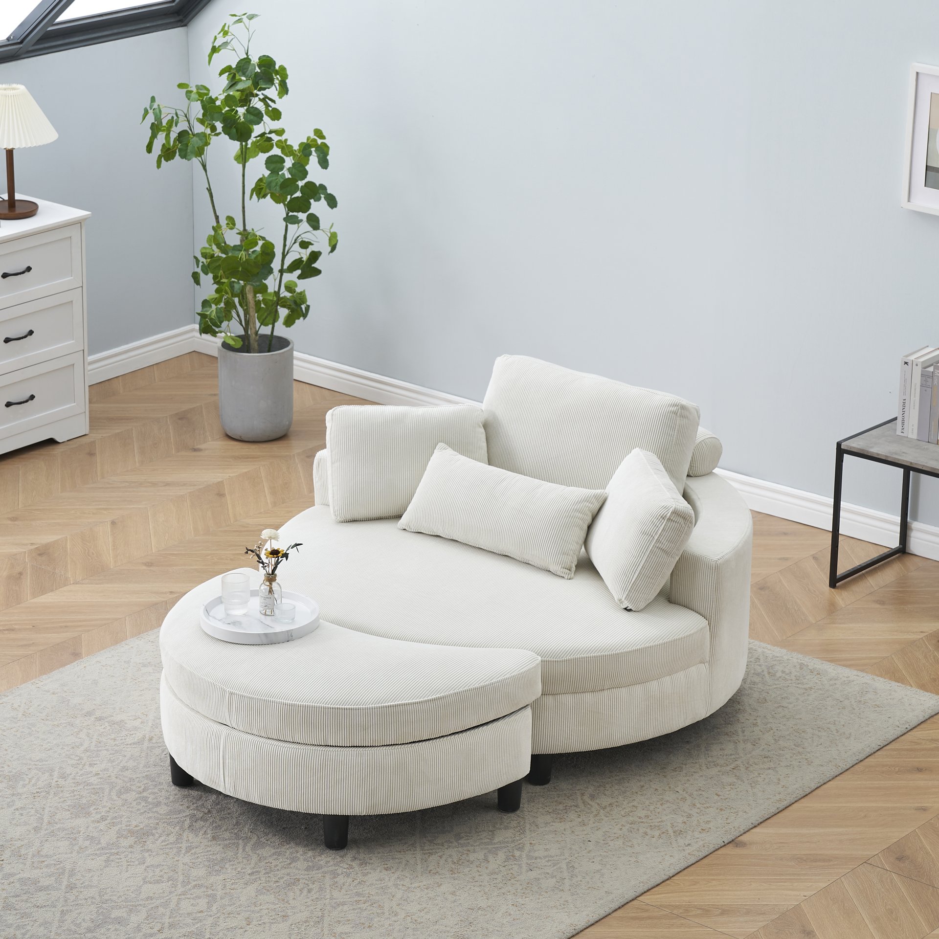 Corduroy Sofa With Two Throw Pillows And A Waist Pillow With An Extra Tray For Comfortable Seating Suitable For Small Apartment Bedroom Space - Beige - Image 3