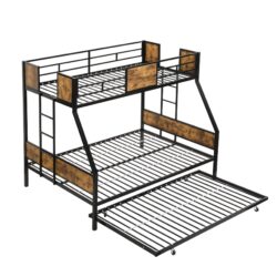 Twin Over Full Modern Metal Bunk Bed With Trundle And Dual Side Ladder And Metal Design - Black / Brown