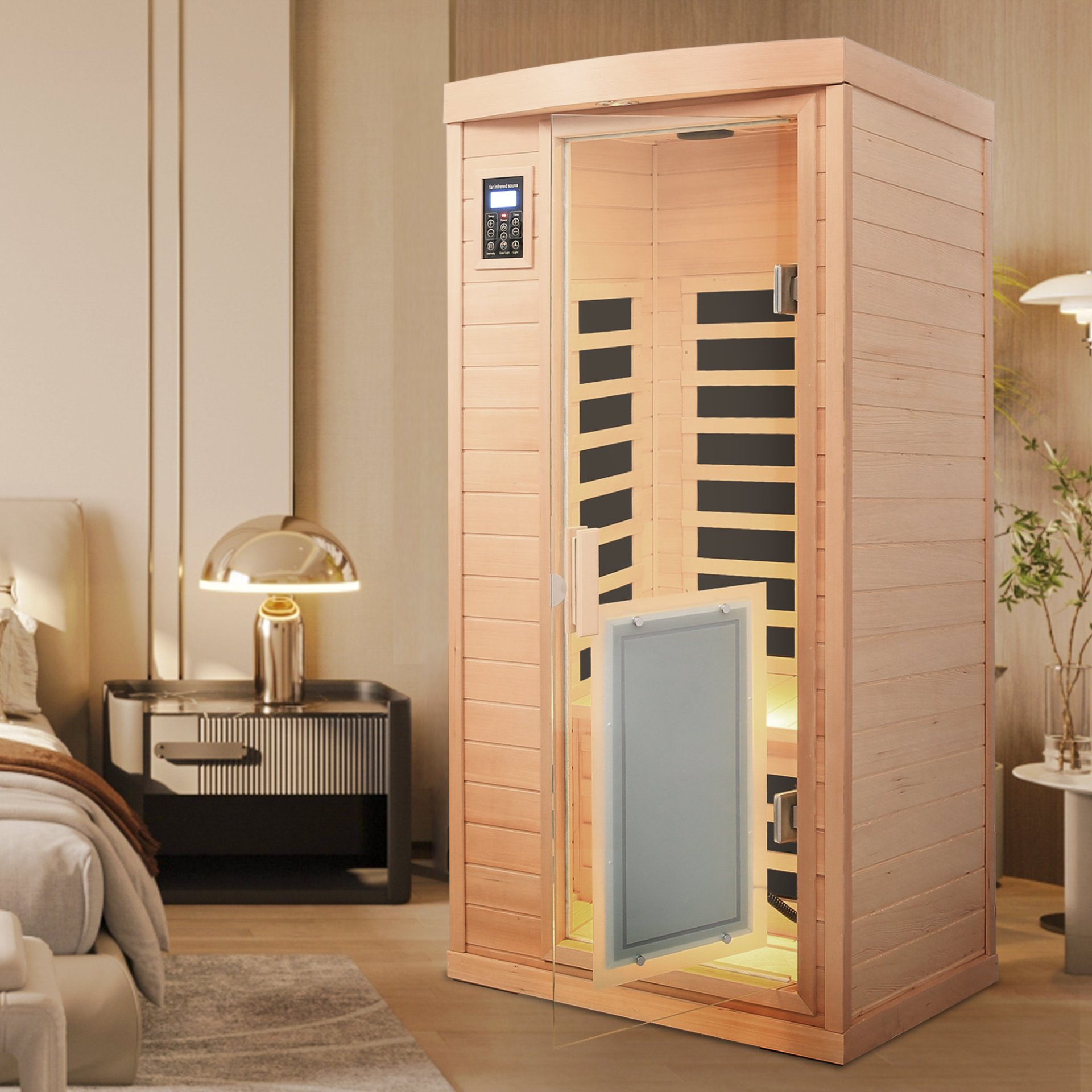 Low Emf Front Door With Heating Panel 1 People Hemlock Far Infrared Indoor Sauna Room - Natural - Image 6