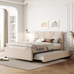 Full Size Upholstered Platform Bed With Brick Pattern Headboard And Twin Size Trundle - Beige