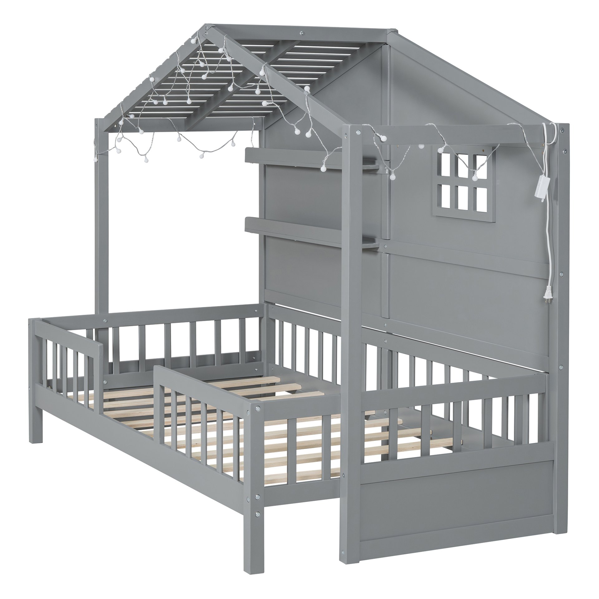 Twin Size House Bed With Shelves, Window And Sparkling Light Strip On The Roof - Gray - Image 6