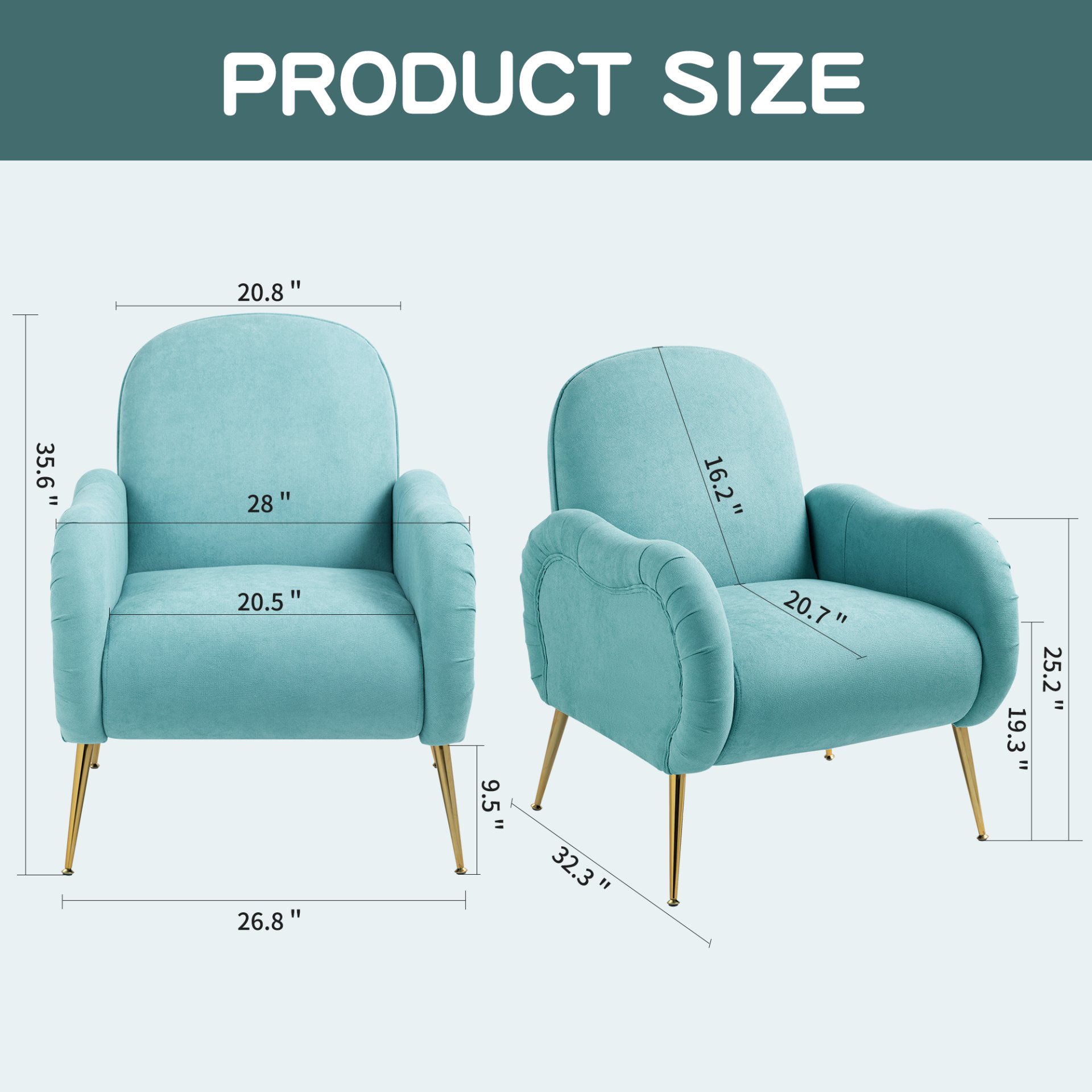 Modern Accent Chair With Metal Legs, Snowflake Fabric Armchair - Cyan - Image 3