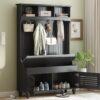 5 In 1 Entryway Bench With Shutter - Shaped Doors, Coat Rack, Cushion And 4 Sturdy Hooks, Wide Hall Tree With Storage Bench For Hallway, Entryway, Living Room - Black - Image 4