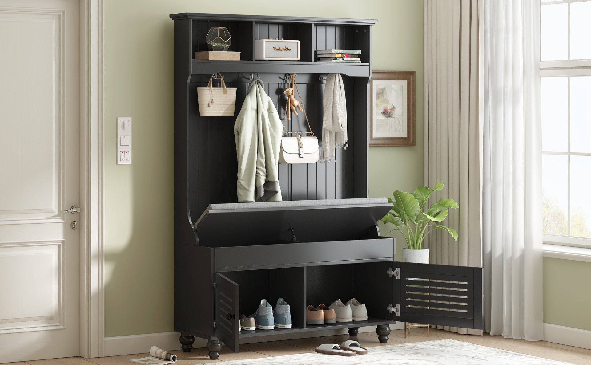 5 In 1 Entryway Bench With Shutter - Shaped Doors, Coat Rack, Cushion And 4 Sturdy Hooks, Wide Hall Tree With Storage Bench For Hallway, Entryway, Living Room - Black - Image 4