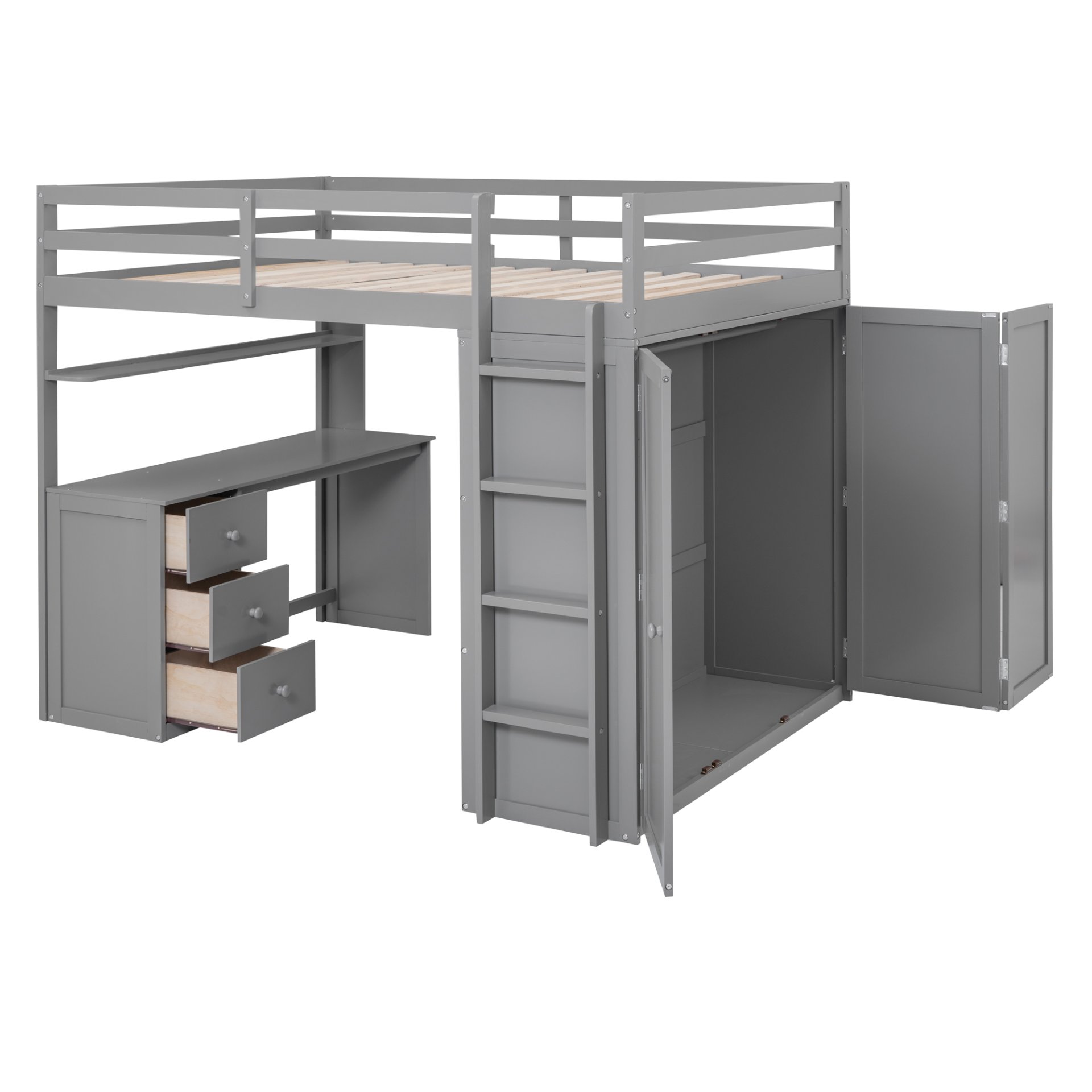 Full Size Loft Bed With Drawers, Desk, And Wardrobe - Gray - Image 7