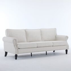 Rolled Arm Sofa With Nailhead Trim 3 Seater Upholstered Couch With Wooden Legs For Living Room Or Bedroom Deep Seat Design - Beige
