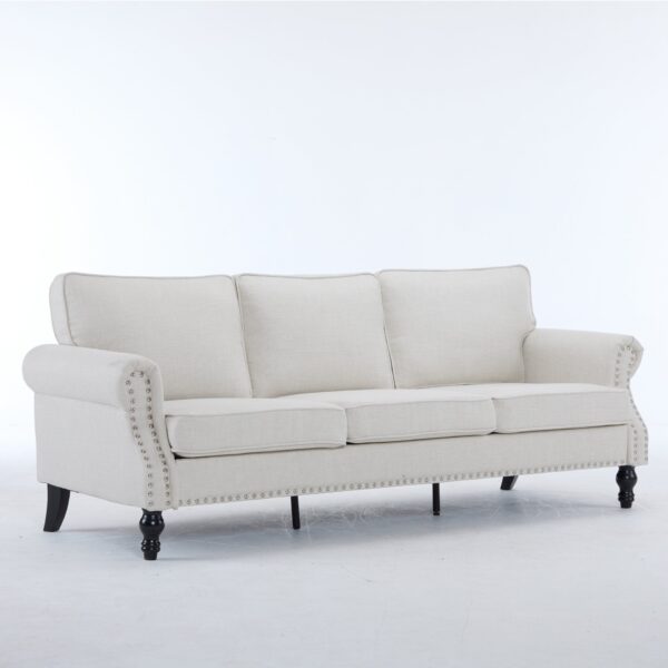 Rolled Arm Sofa With Nailhead Trim 3 Seater Upholstered Couch With Wooden Legs For Living Room Or Bedroom Deep Seat Design - Beige