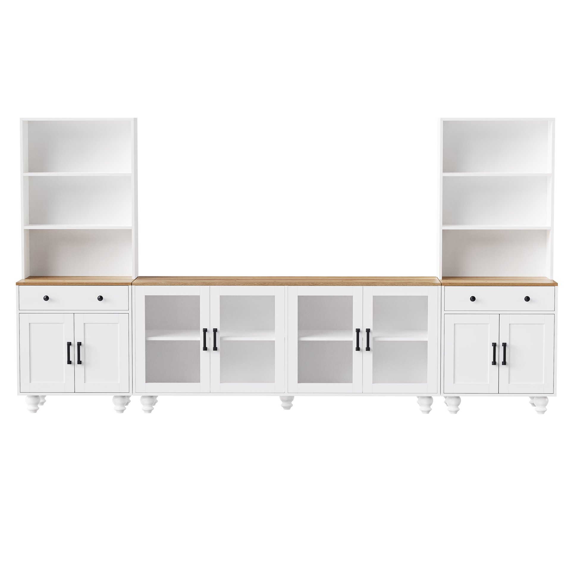 Farmhouse TV Stand With Solid Wood Gourd Shaped Legs For TVs Up To 70", Entertainment Center With Bookshelves & Tempered Glass Doors, Media Console With Adjustable Shelves, Living Room - White / Natural - Image 12