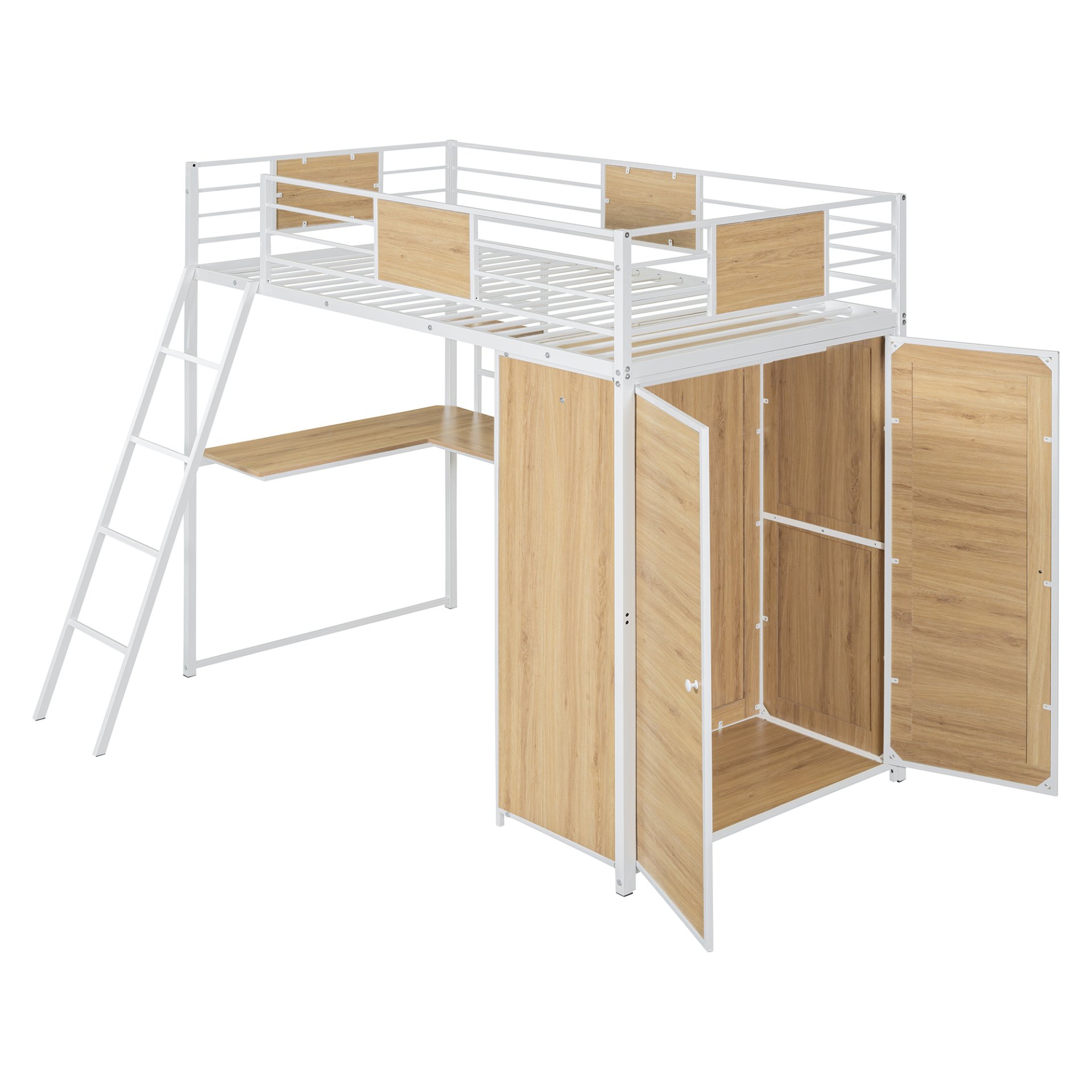 Twin Size Loft Bed With L Shape Desk And Wardrobe - White - Image 9