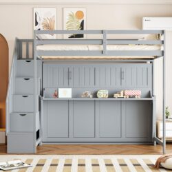 Full Over Full Size Murphy Bed With Hydraulic Lift & Desk Design - Gray