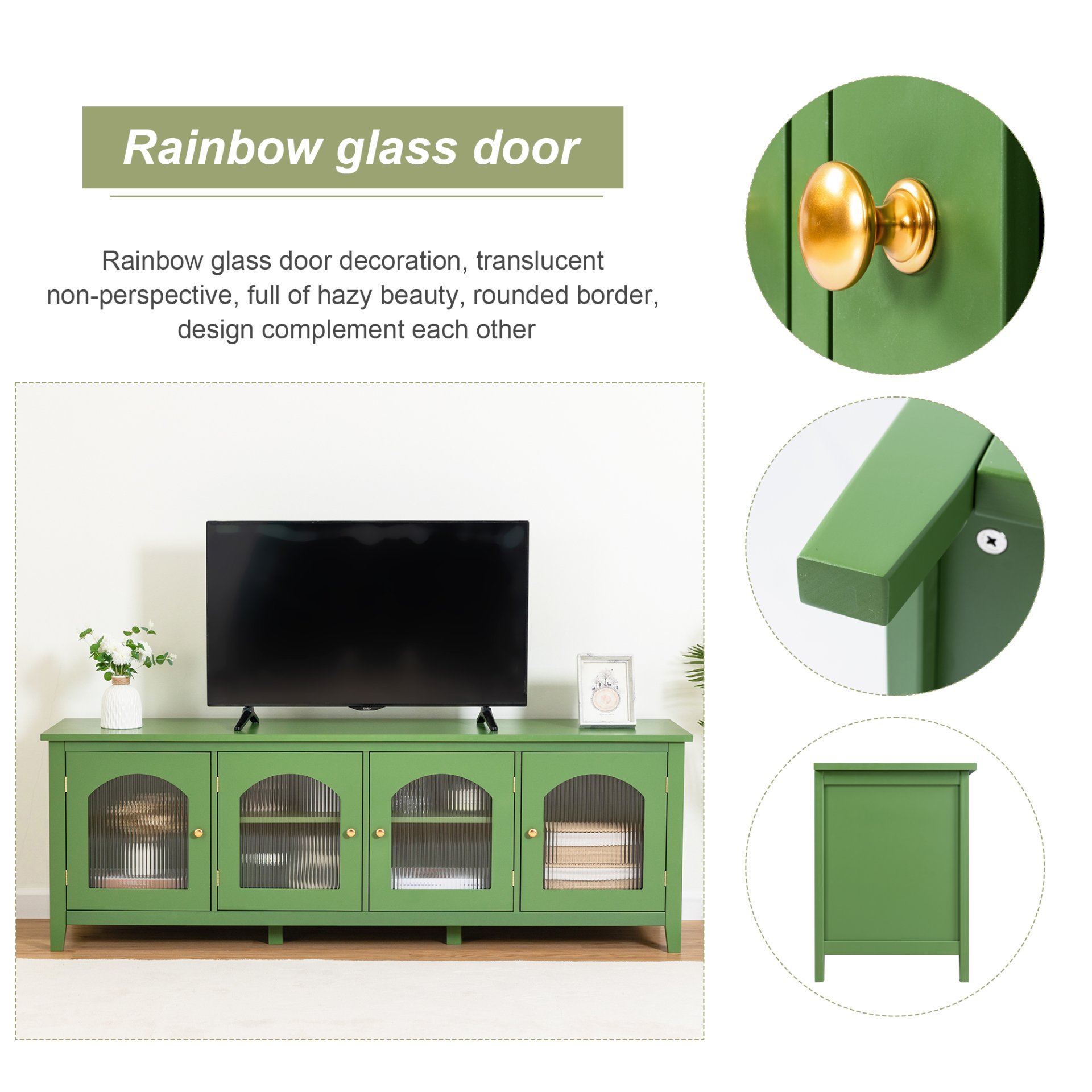 Stylish TV Cabinet, Entertainment CenterTV Stand, TVconsoletable, Media Console, Solidwood Frame, Changhong Glass Door, Metal Handle - Antique Green - Image 6