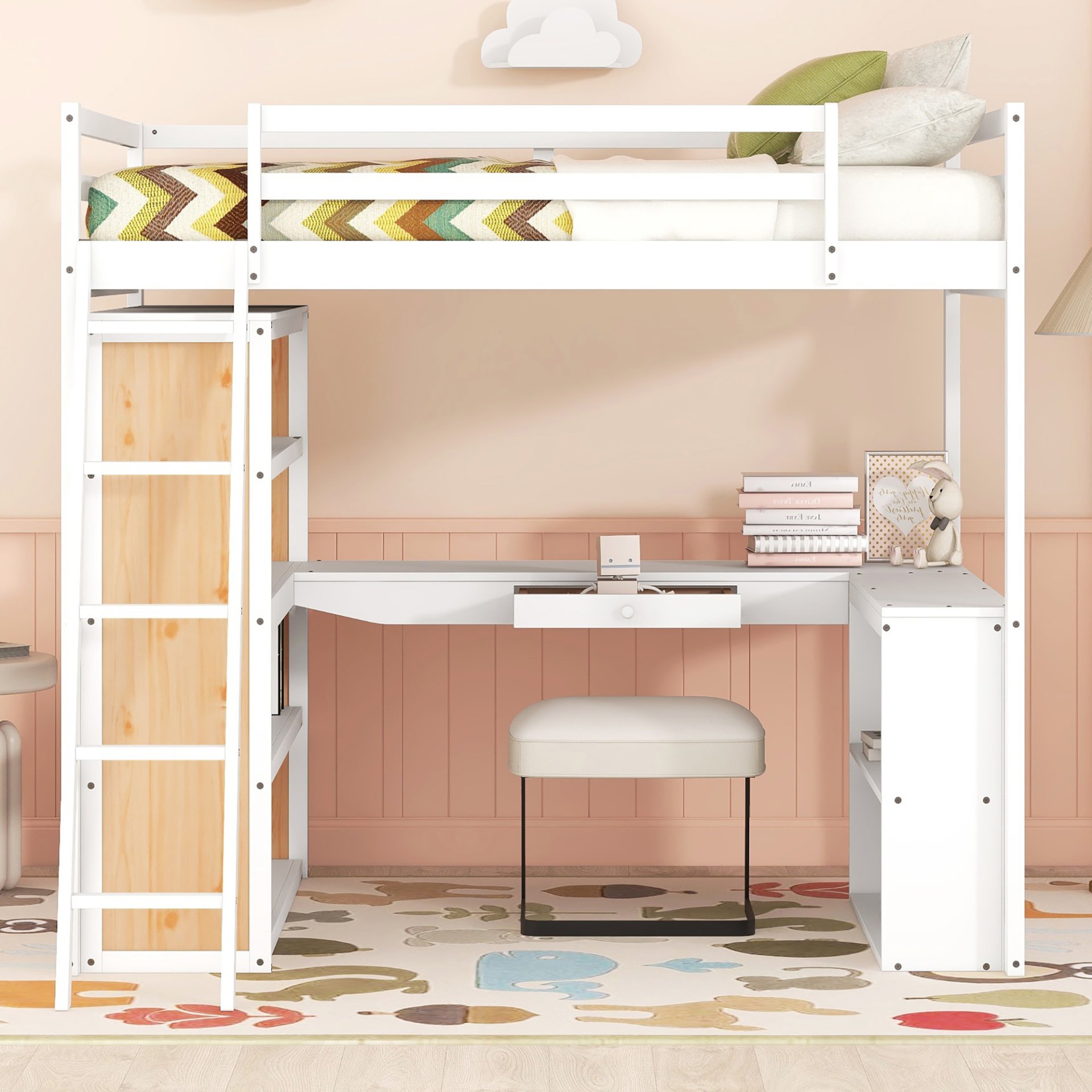 Full Size Loft Bed With Ladder, Shelves, And Desk - White - Image 2