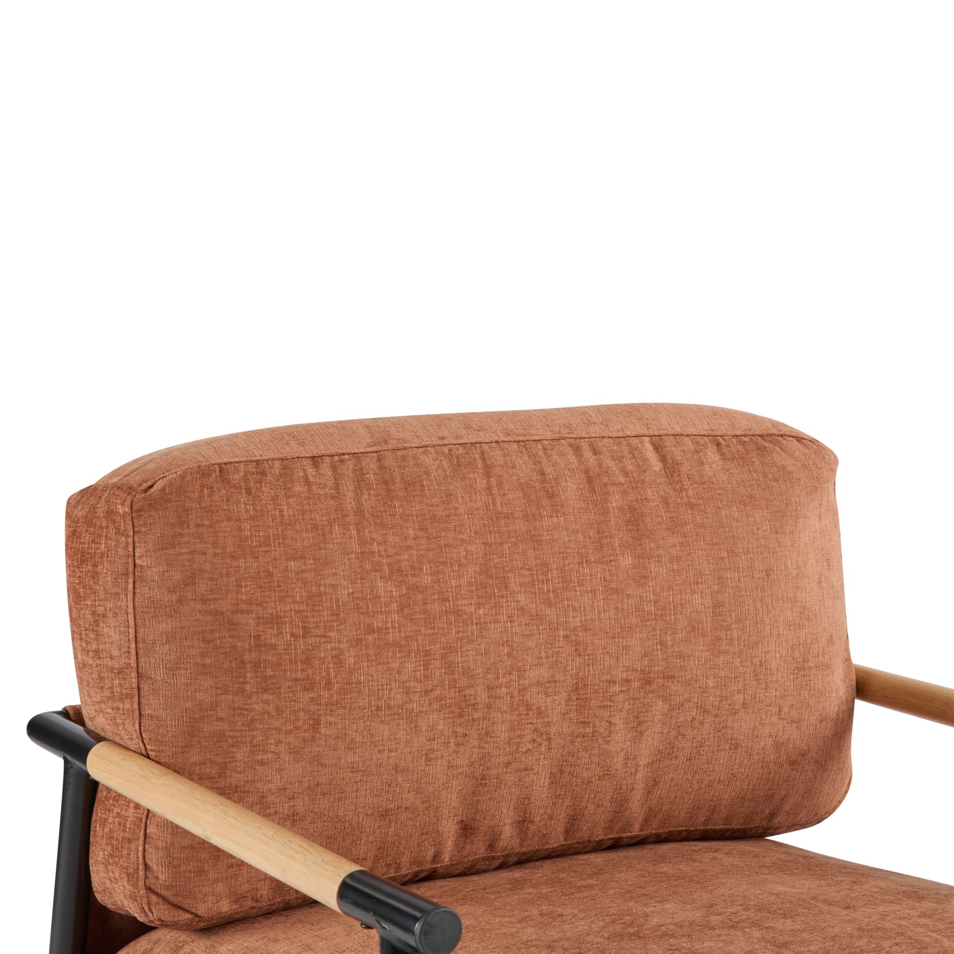 Modern Accent Chair With Plush Cushions, Minimalist Metal Frame, Wooden Armrest Design - Orange - Image 16