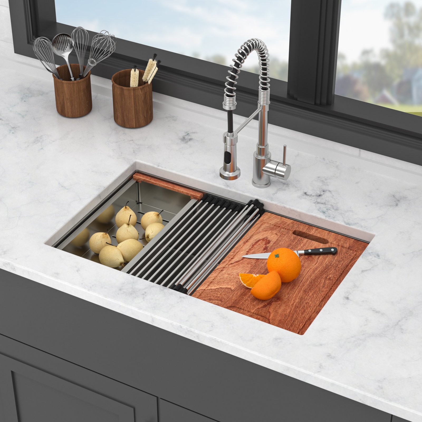 30" Undermount Kitchen Sink Single Bowl 16 Gauge T304 Ledge Workstation With 3Mm Silencer Pad - Brushed Nickel - Image 4