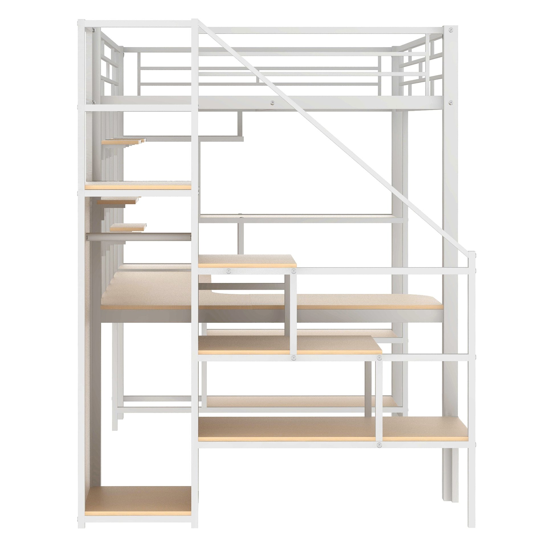 Full Size Metal Loft Bed With Storage Staircase And Small Wardrobe, Built - In Desk And Storage Shelves - White - Image 14