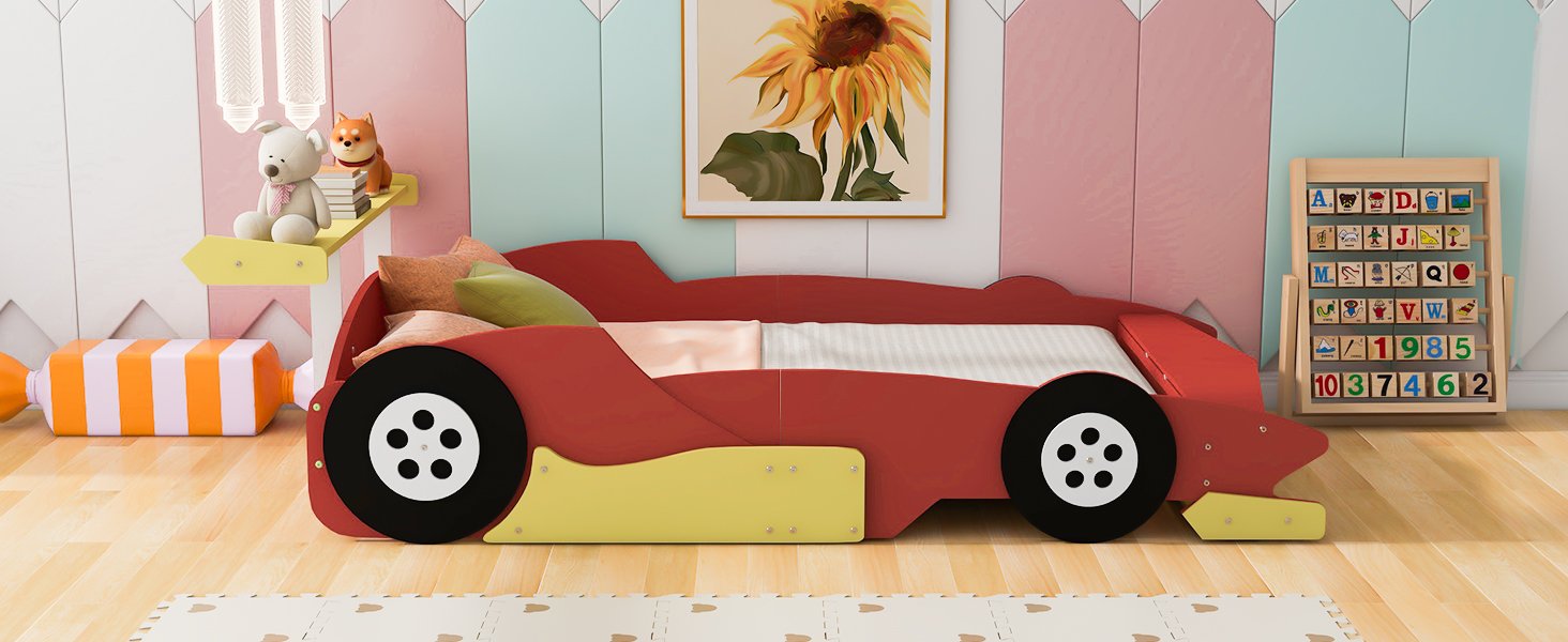 Full Size Race Car Shaped Platform Bed With Wheels - Red - Image 16