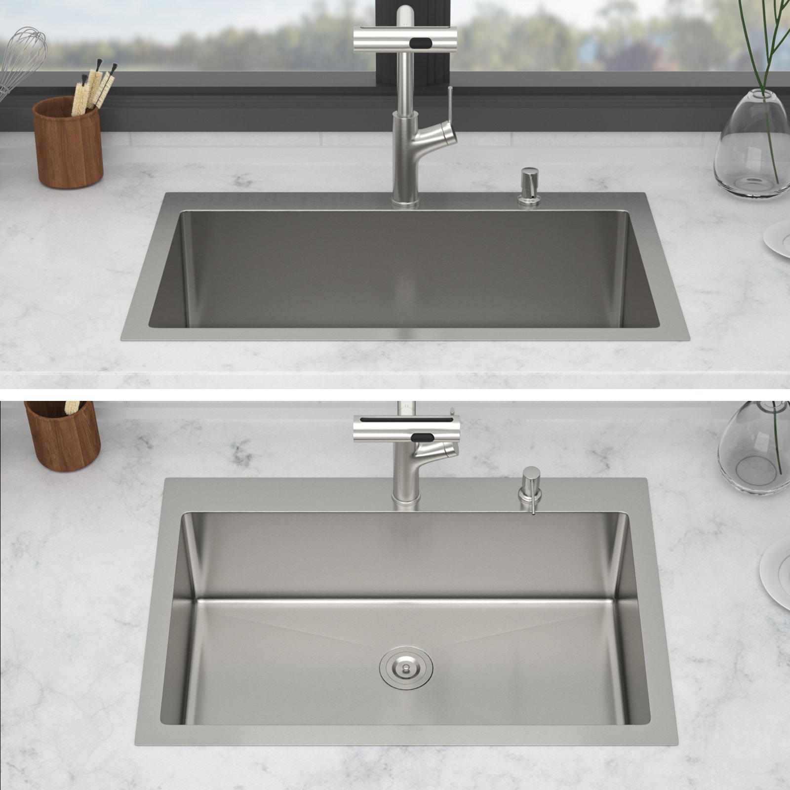 30" Single Bowl Drop In Kitchen Sink With Pull Out Faucet And Soap Dispenser - Brushed Nickel - Image 6
