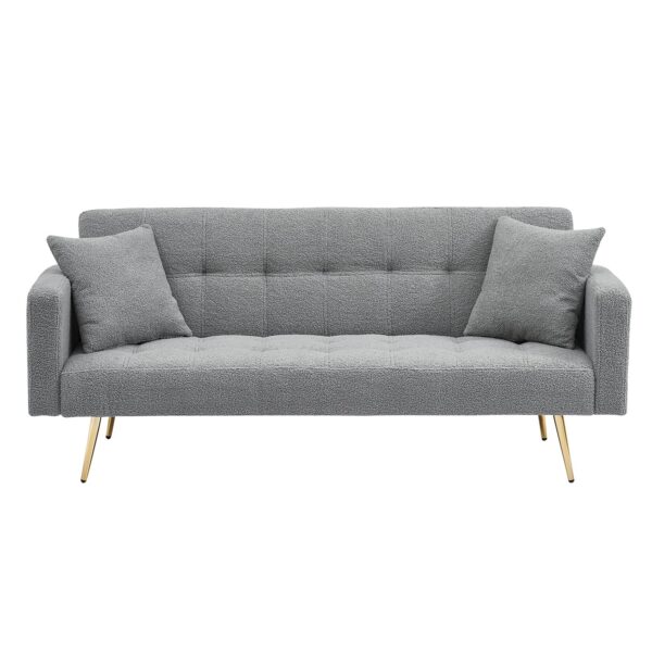 Contemporary Teddy Fleece Sofa Bed With 2 Throw Pillows And Metal Legs - Gray