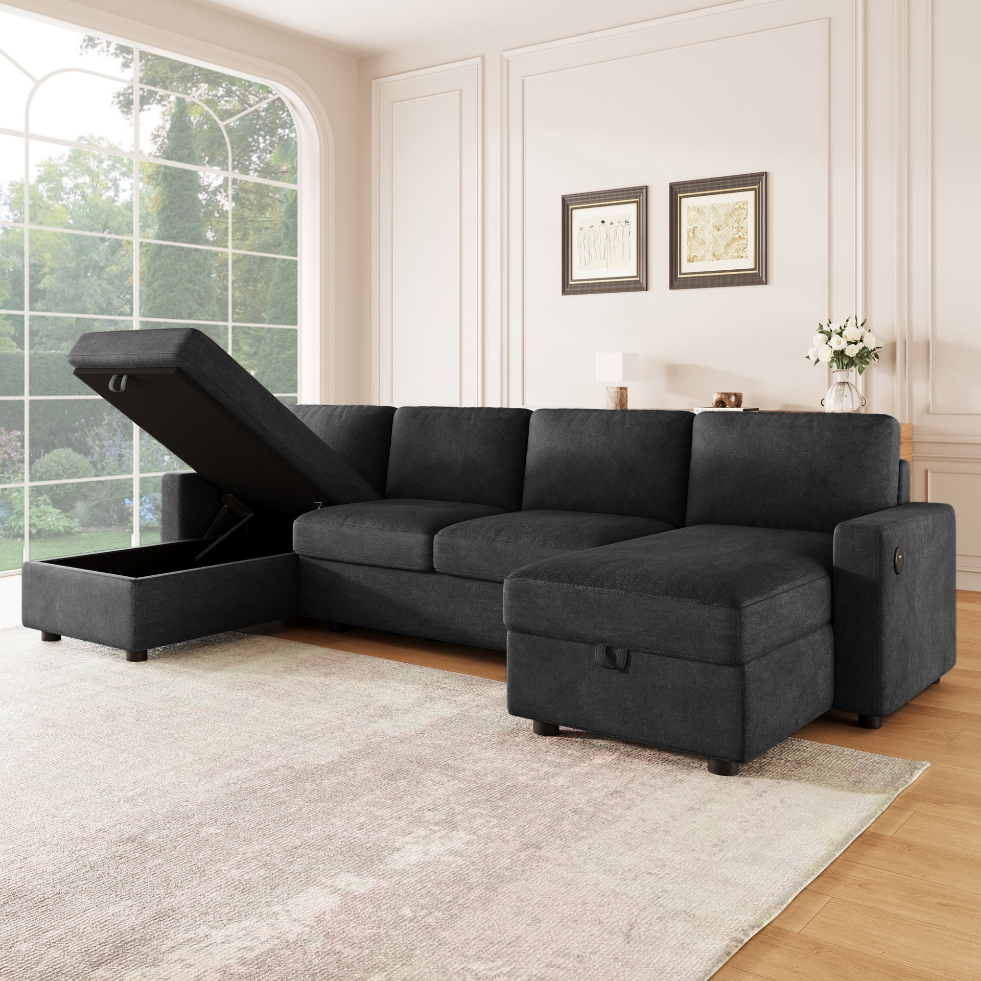 Convertible U Shaped Sectional Sofa With Storage Chaise Lounges And USB Ports - Black - Image 11