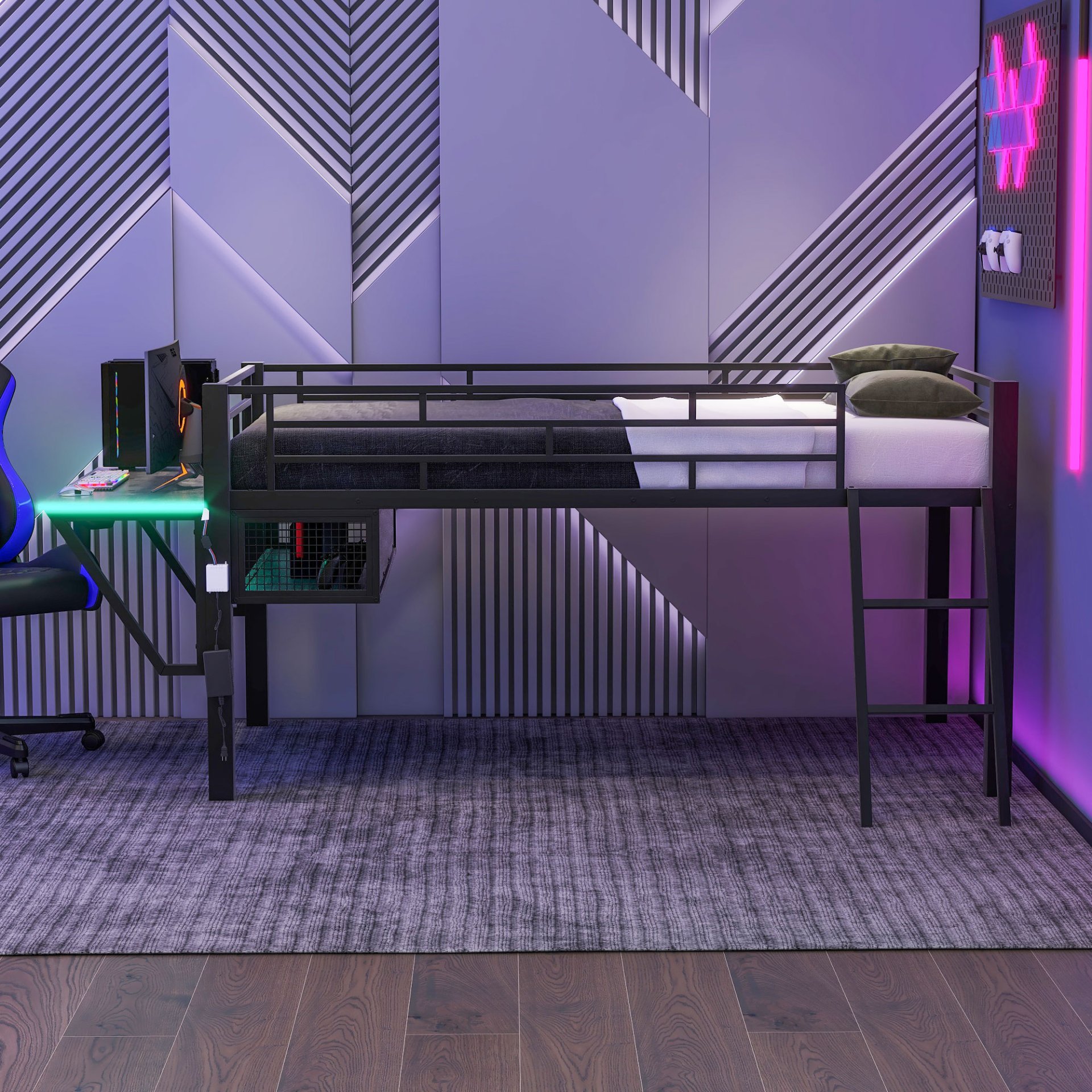 Twin, Esports Inspired Gaming Mid Loft Bed With Desk And LED - Black - Image 4