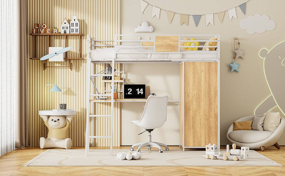 Twin Size Loft Bed With L Shape Desk And Wardrobe - White - Image 21