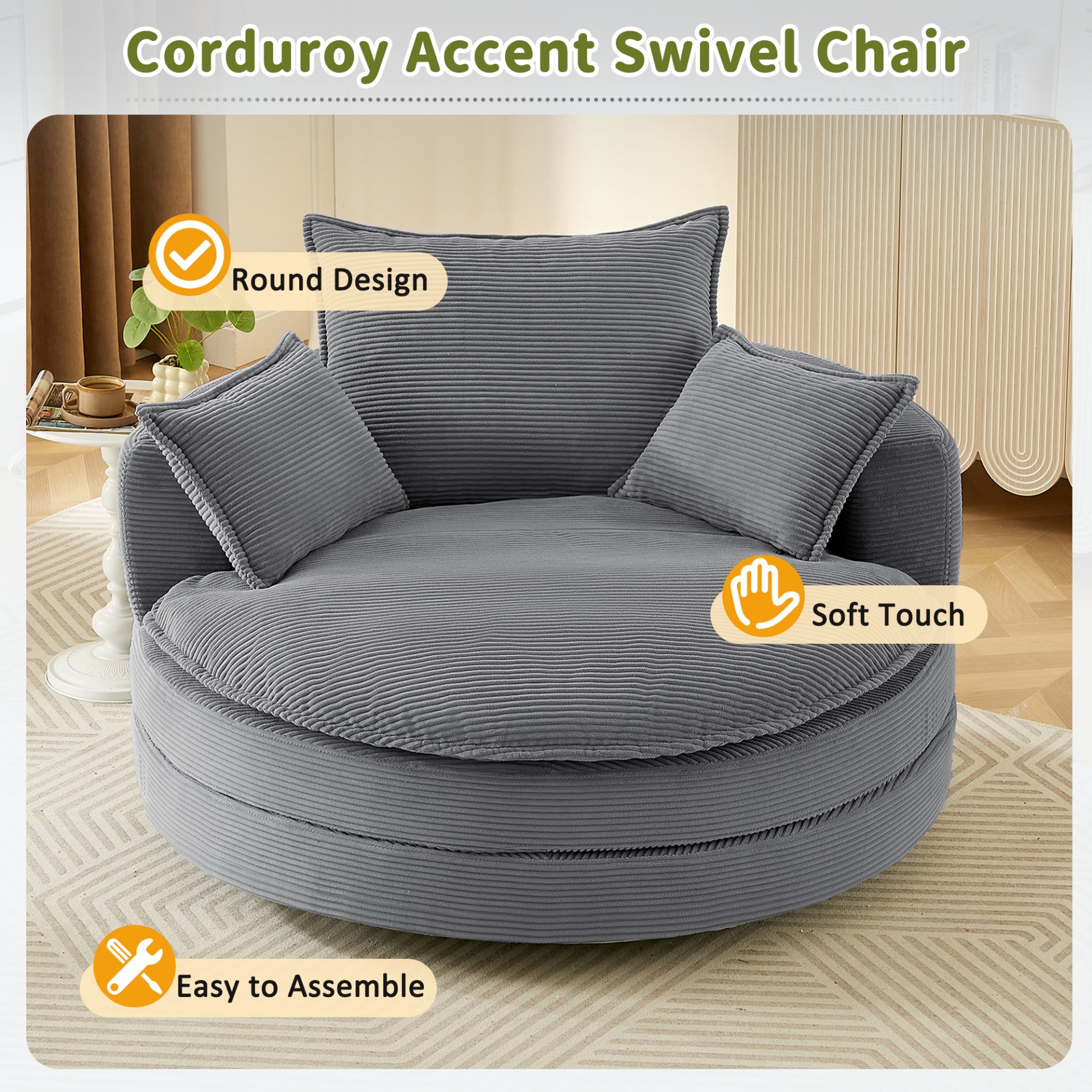 360° Swivel Sofa Chair Accent Barrel Chair With Dual Layer Cushion And 3 Removable Pillows, Corduroy - Gray - Image 7