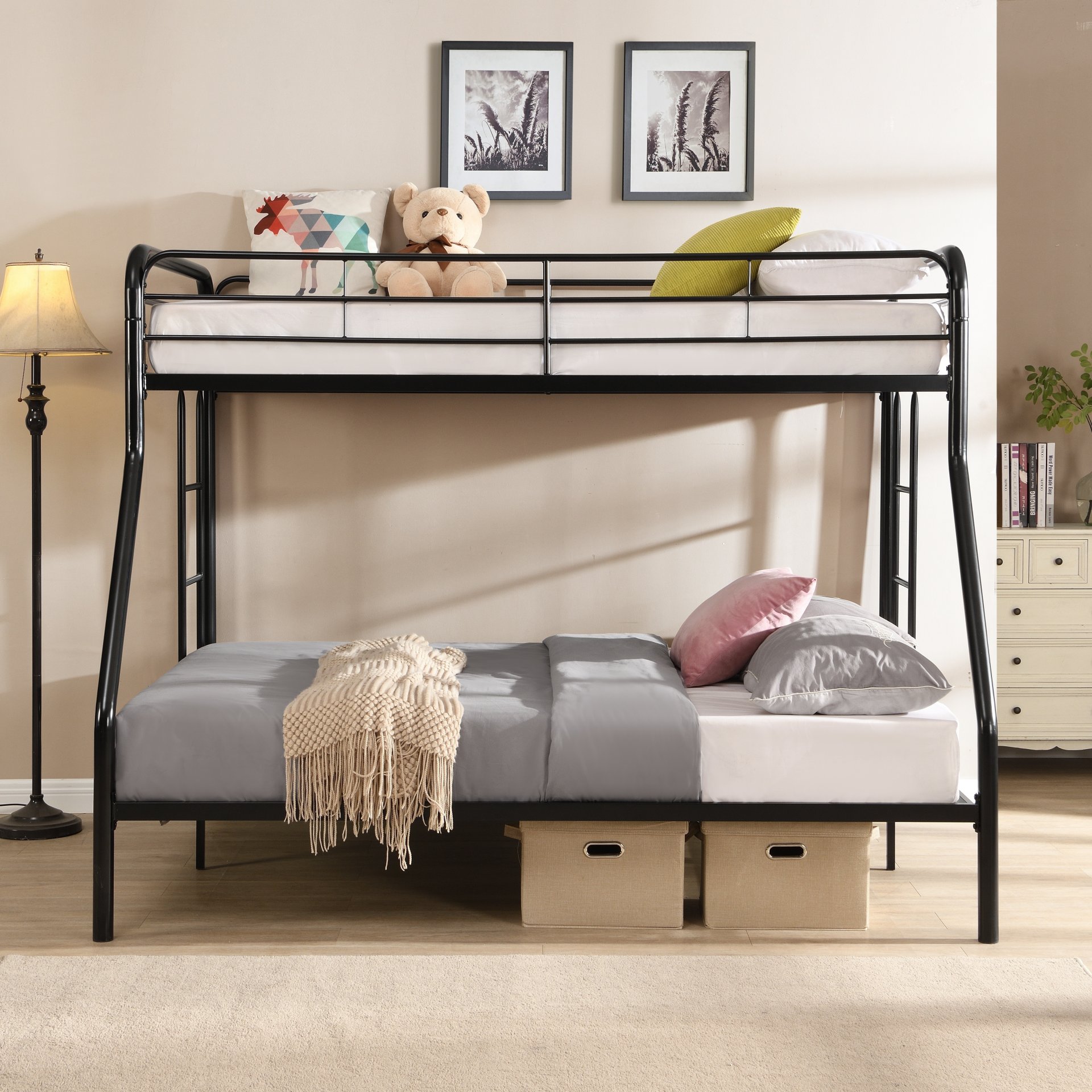 Modern Twin Over Full Metal Bunk Bed With Trundle And Dual Side Ladder And Metal Design - Black / Brown - Image 5
