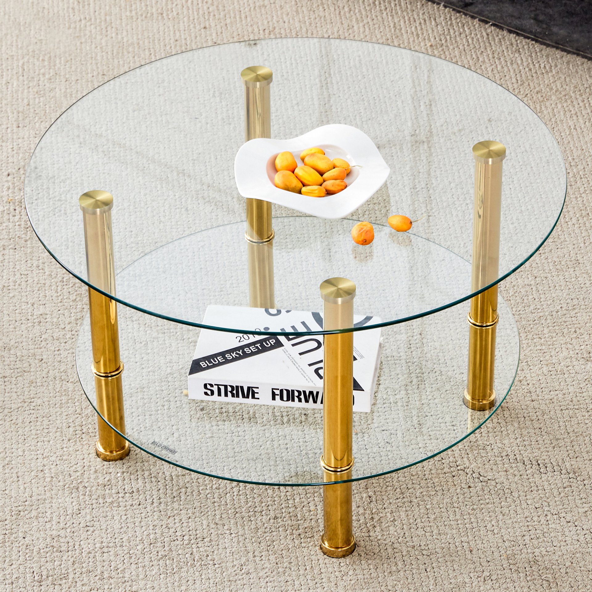 Contemporary Minimalist Double Layer Tempered Glass Coffee Table - Gold / Transparent - Image 2