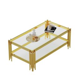 Top And Bottom Double Layer Tempered Glass Coffee Table And Mirror Finished Stainless Steel Frame - Gold