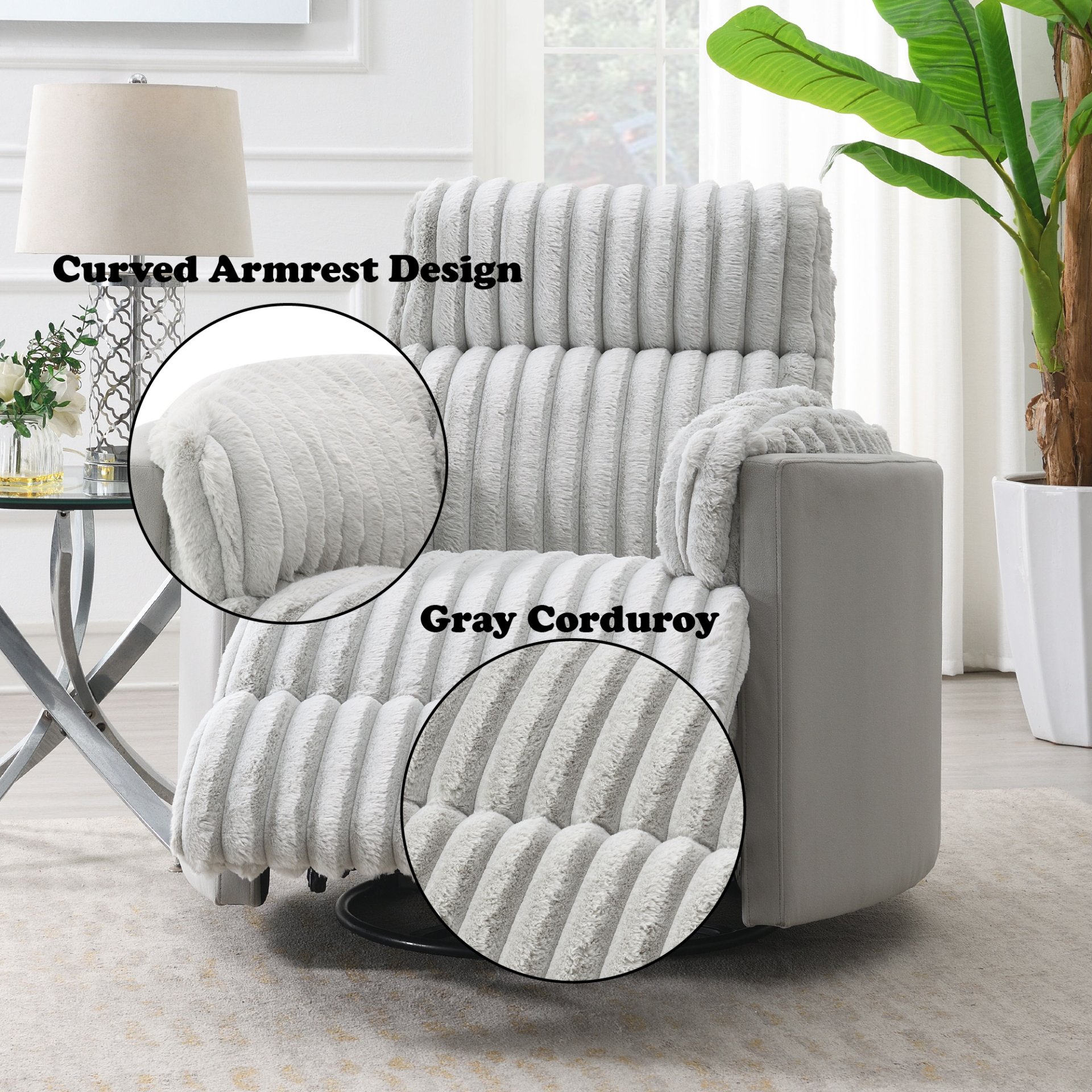Emee - Corduroy Glider Recliner With Swivel - Gray - Image 2