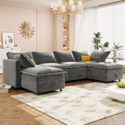 Versatile 6 Piece Modular Sofa Bed With Storage, Stylish Faux Double Layer Cushions, Comfortable & Durable Design, Perfect For Any Living Space - Gray