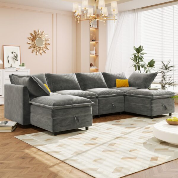 Versatile 6 Piece Modular Sofa Bed With Storage, Stylish Faux Double Layer Cushions, Comfortable & Durable Design, Perfect For Any Living Space - Gray