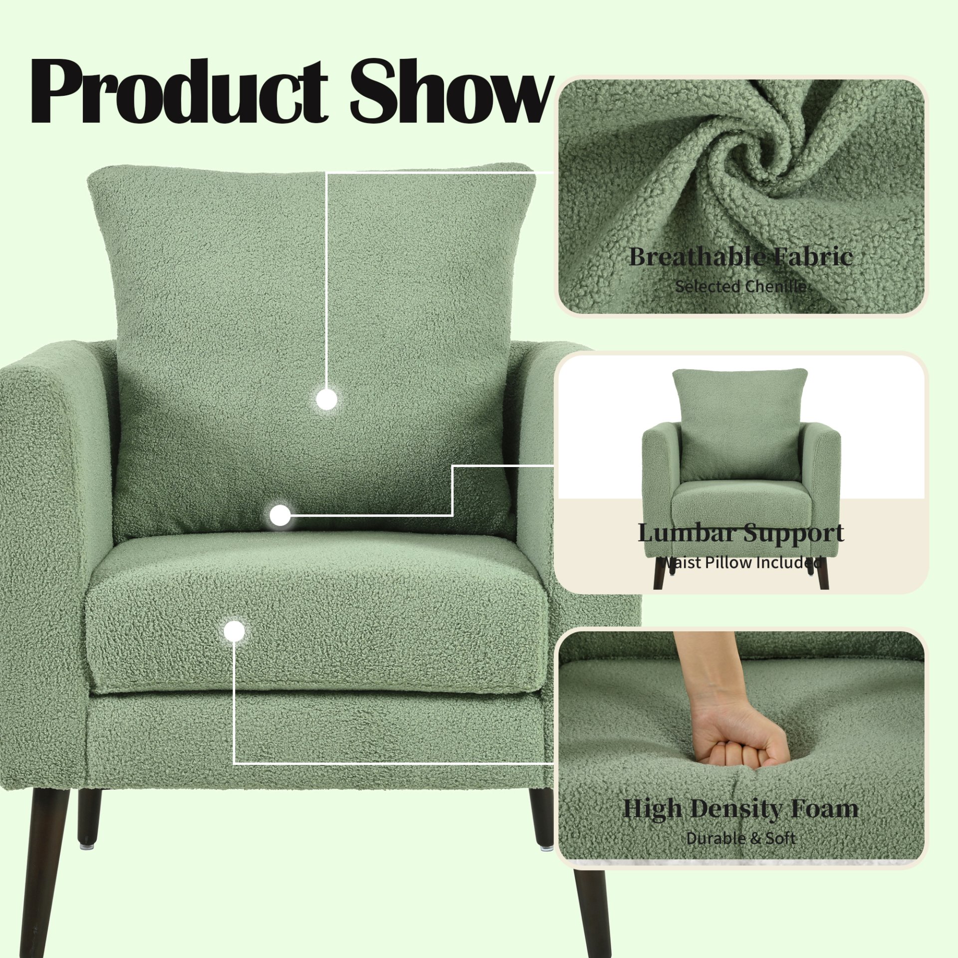Modern Accent Chair, Upholstered Armchair For Living Room, Mid Century Fabric Lounge Chair With Pillow, Comfortable Reading Chair With Wood Legs For Living Room, Reception Room - Light Green - Image 3