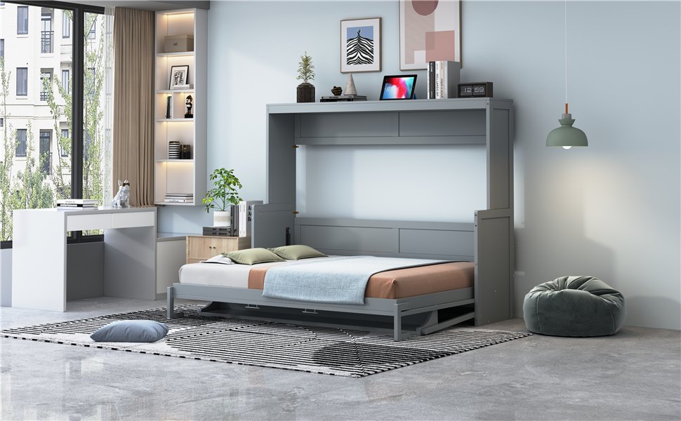 Full Size Murphy Bed With Hydraulic Lift & Desk Design - Gray - Image 16