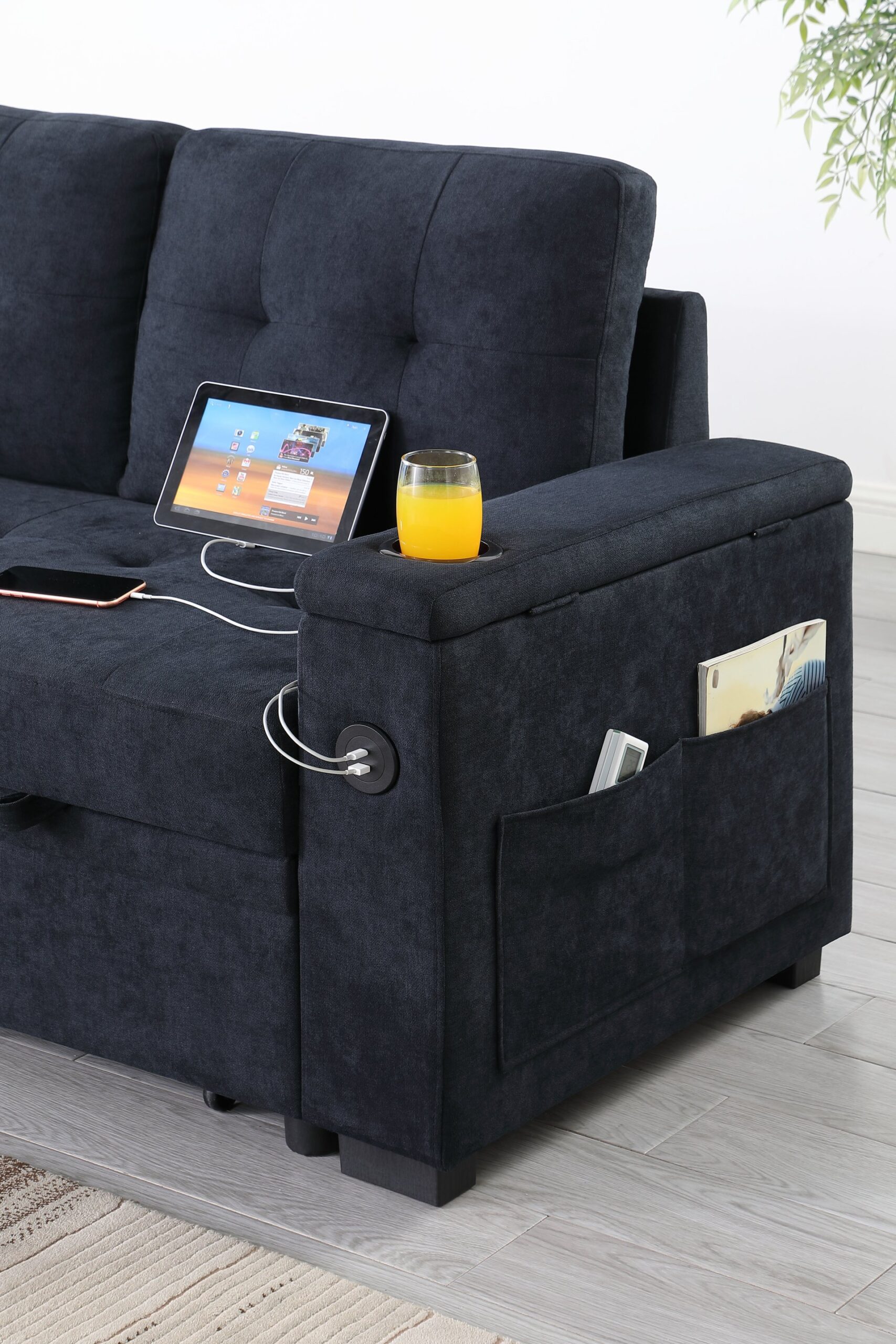Ashlyn II - Woven Fabric Reversible Sleeper Sectional Sofa With Storage Chaise, Storage Arm, Cup Holder, Charging Ports, Side Pockets, and Pocket Coil Seating - Dark Gray - Image 10