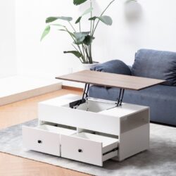 Luna - Coffee Table With Walnut Finish Lift Top, 2 Drawers, And 2 Shelves - White And Brown