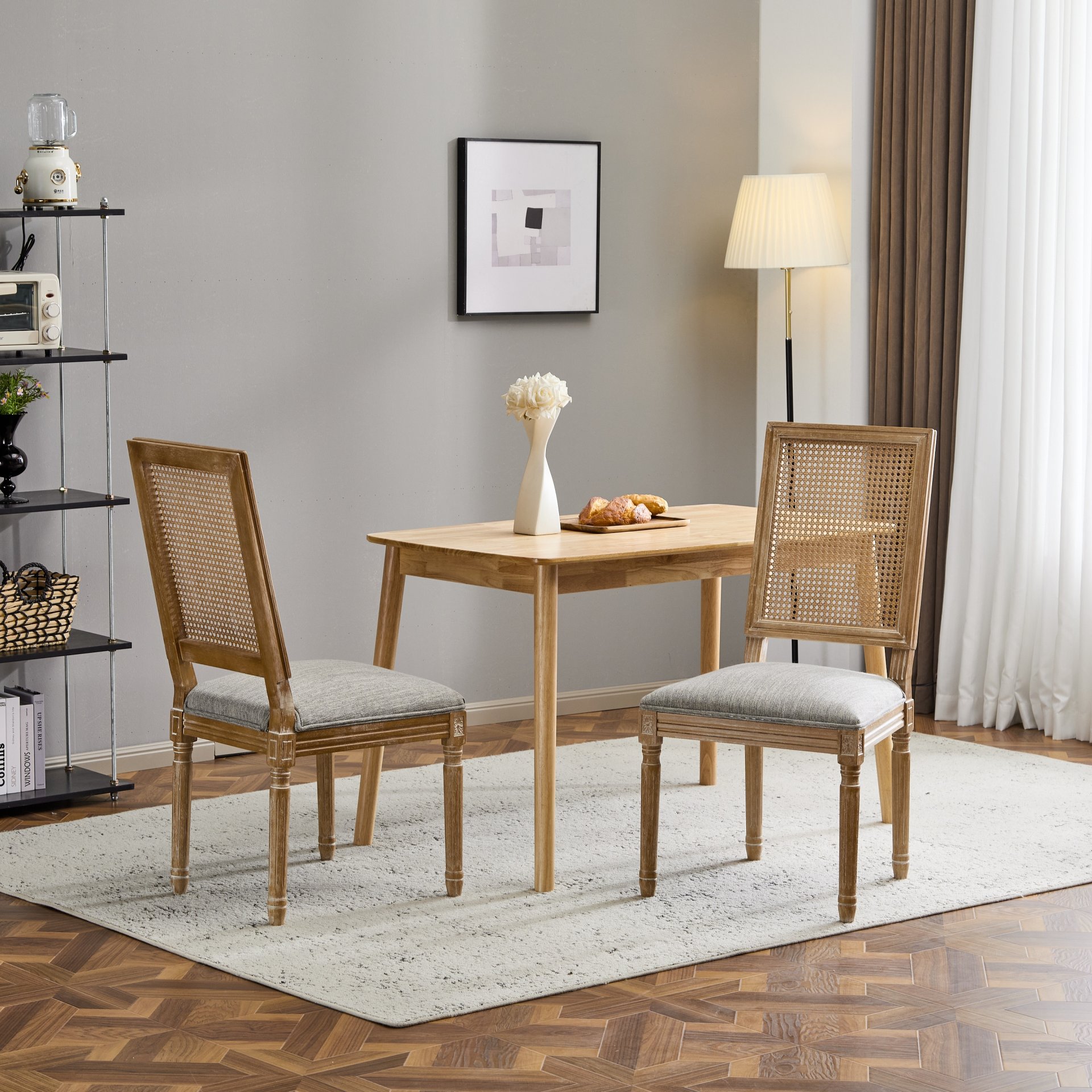 Vintage Inspired French Country Dining Chairs Set Elegant Cane Backrest & Upholstered Seats Rustic Weathered Solid Rubberwood Frame - Grayish Green - Image 5