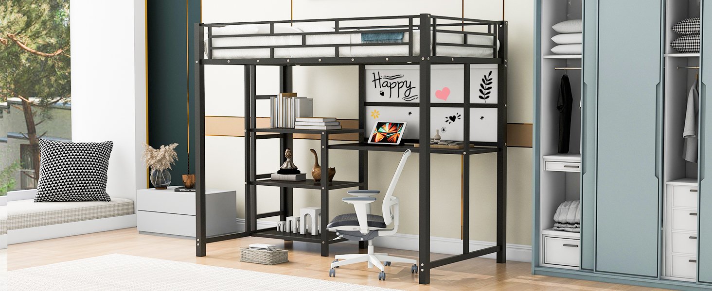 Twin Size Loft Bed With Desk And Whiteboard With 3 Shelves And Ladder - Black - Image 13