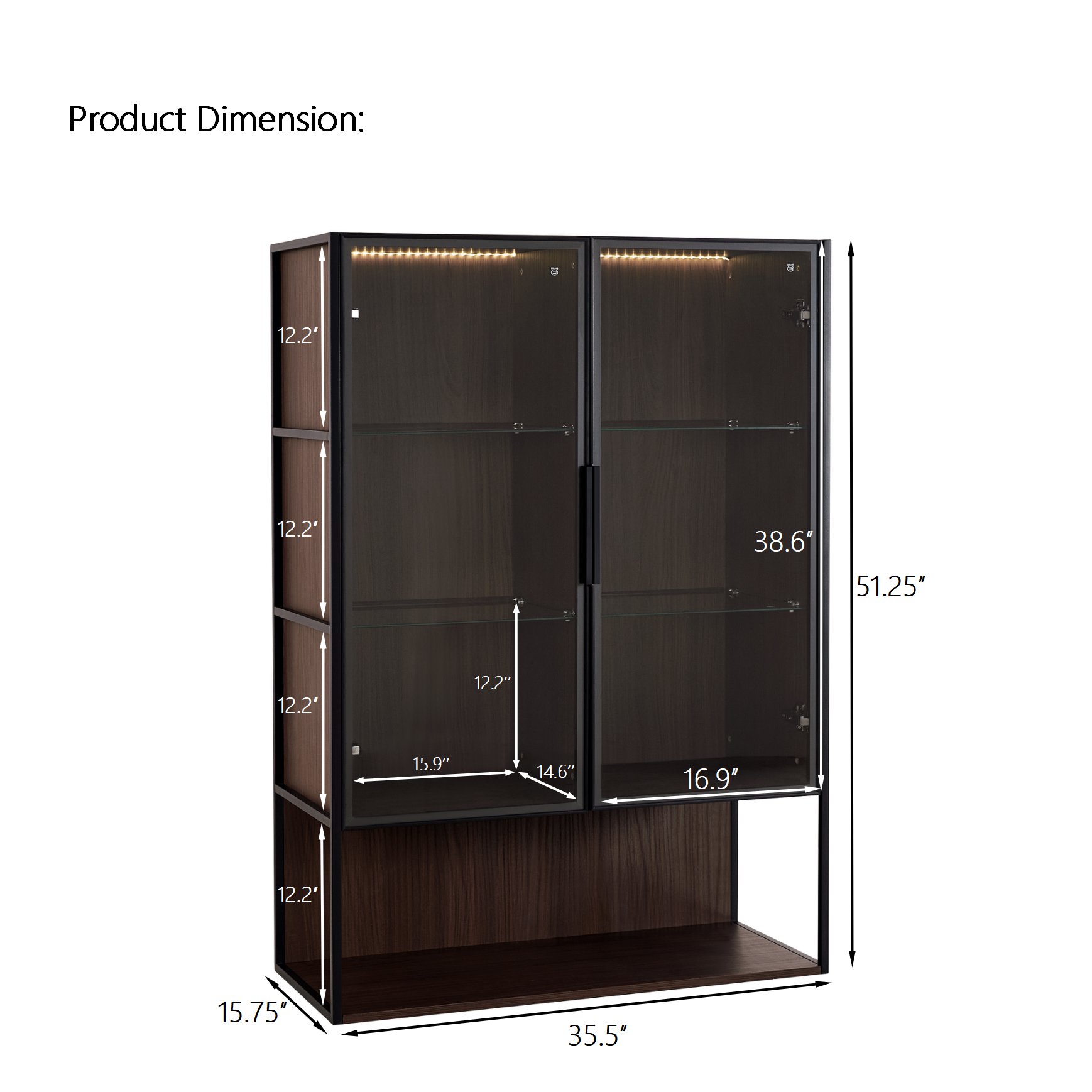 Modern Minimalist Tall Lighted Display Cabinet With Tempered Glass Door - Black / Dark Walnut - Image 3