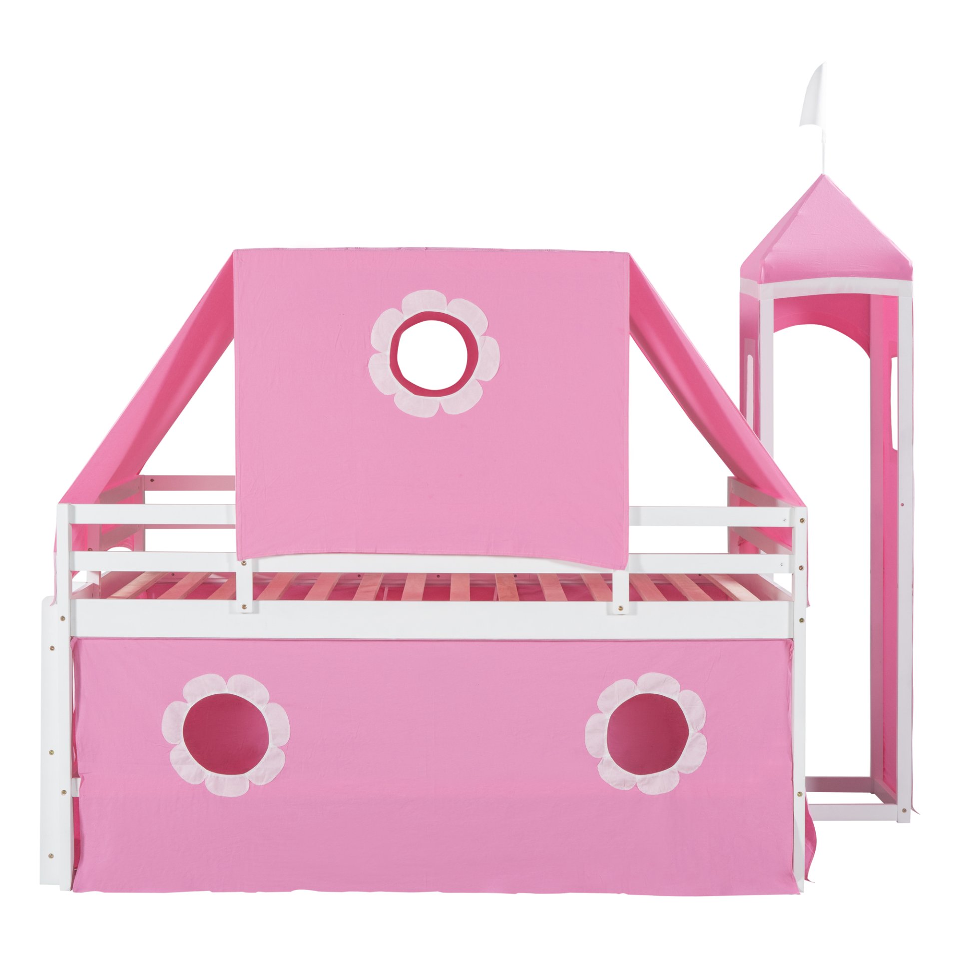 Full Size Loft Bed With Slide And Tent Tower Space Saving Fun Design For Kids - Pink - Image 10
