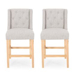 Vienna - Contemporary Fabric Tufted Wingback Counter Stools, (Set of 2) - Light Gray / Natural
