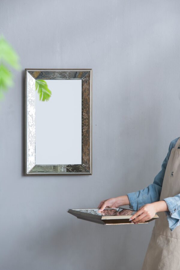 Antique Rectangle Mirror With Floral Accents, Mirrored Display Tray, Wall Mirror - Silver