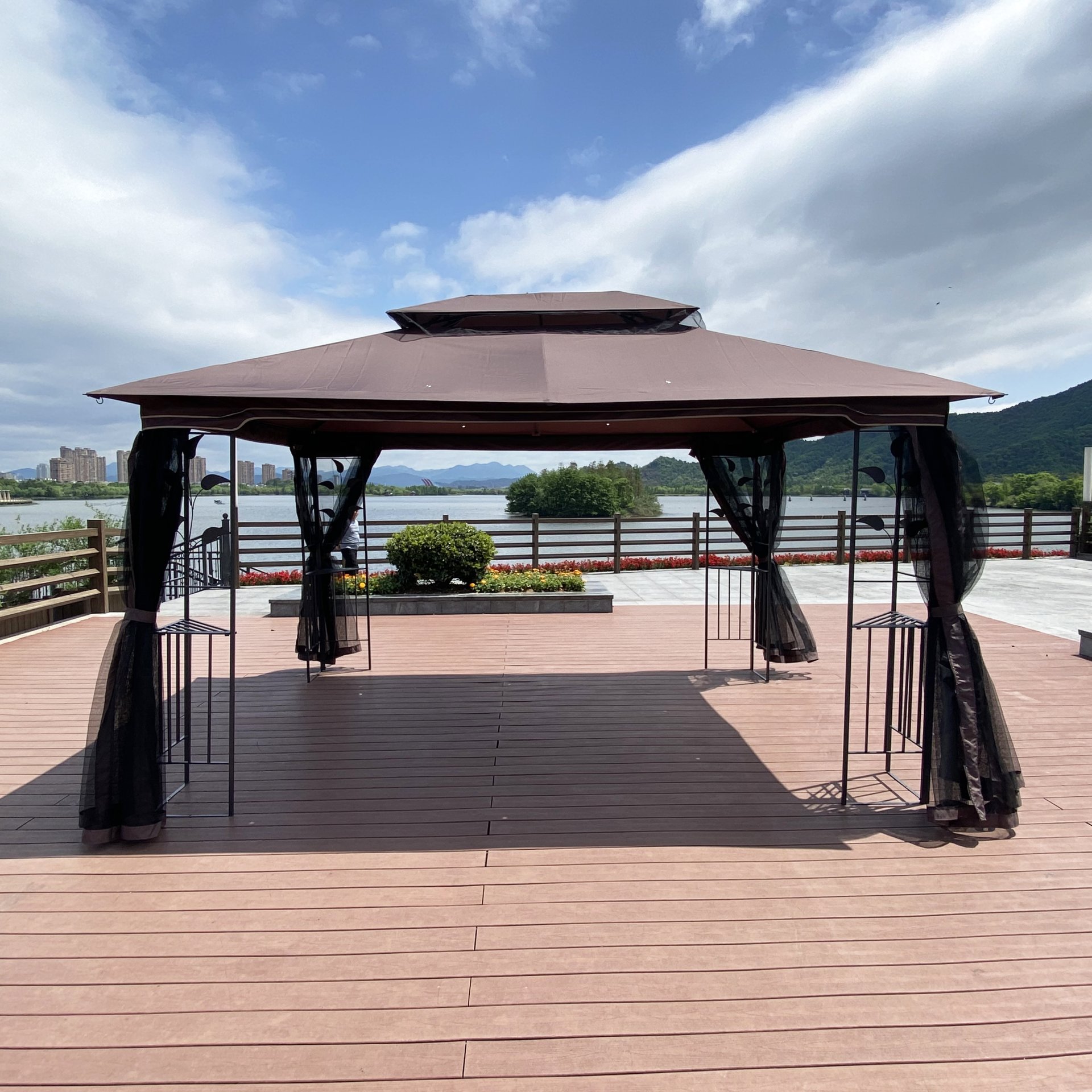 13 X 10 Ft Patio Gazebo Tent With Ventilated Double Roof And Mosquito Net - Brown - Image 9