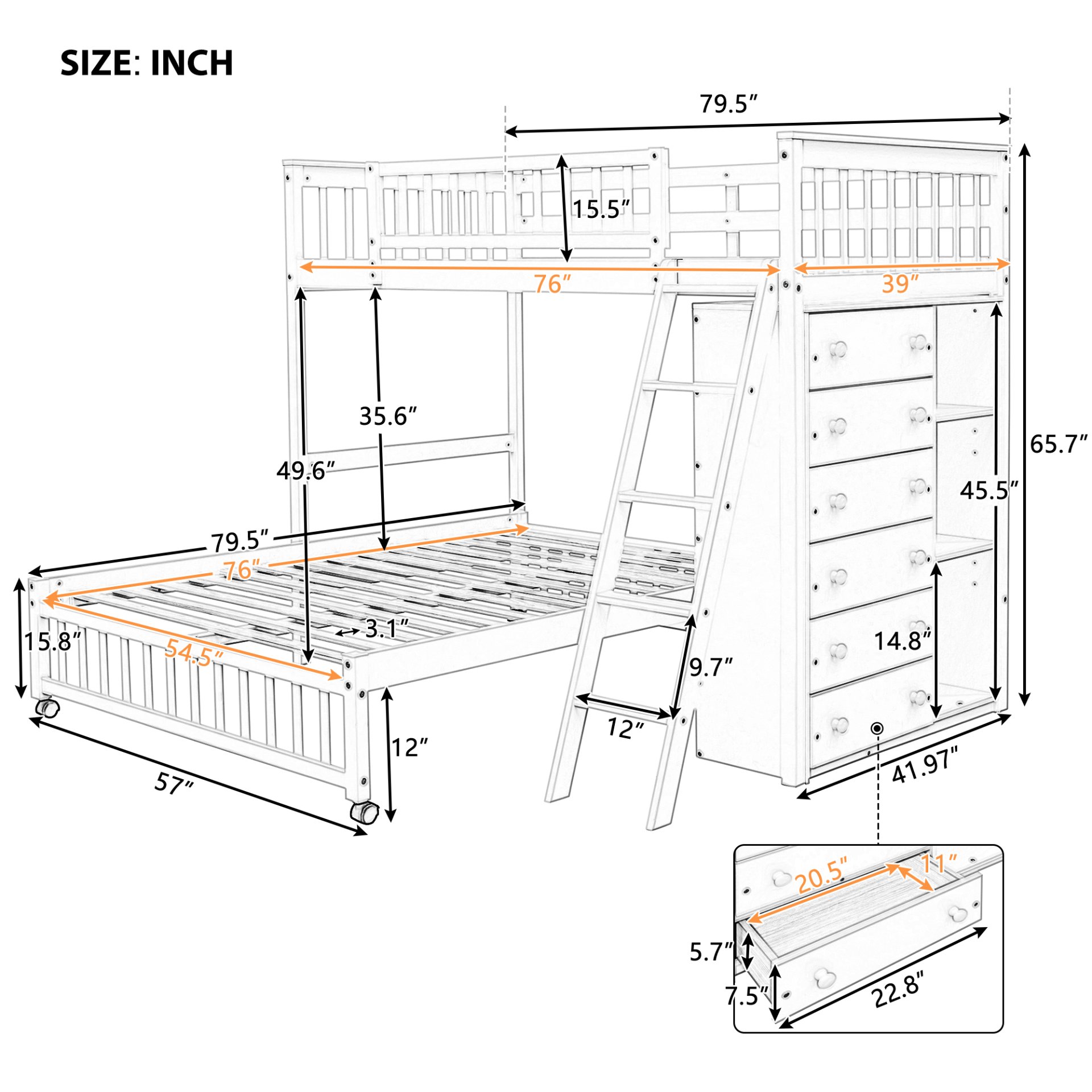 Twin Over Full Bunk Bed With 6 Drawers And Flexible Shelves, Bottom Bed With Wheels - Espresso - Image 7