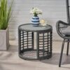 Achill - Outdoor Modern Boho Wicker Side Table With Glass Top - Gray - Image 2