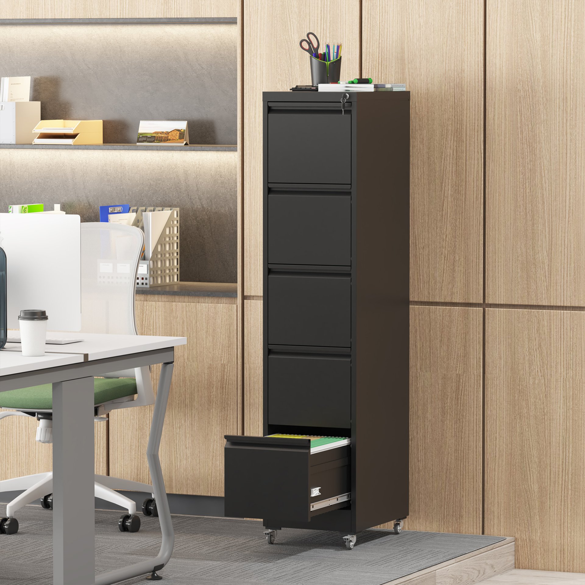 Heavy Duty Metal 5 Drawer Vertical File Cabinet With Lock And Wheels For Home Office - Brushed Nickel - Image 13