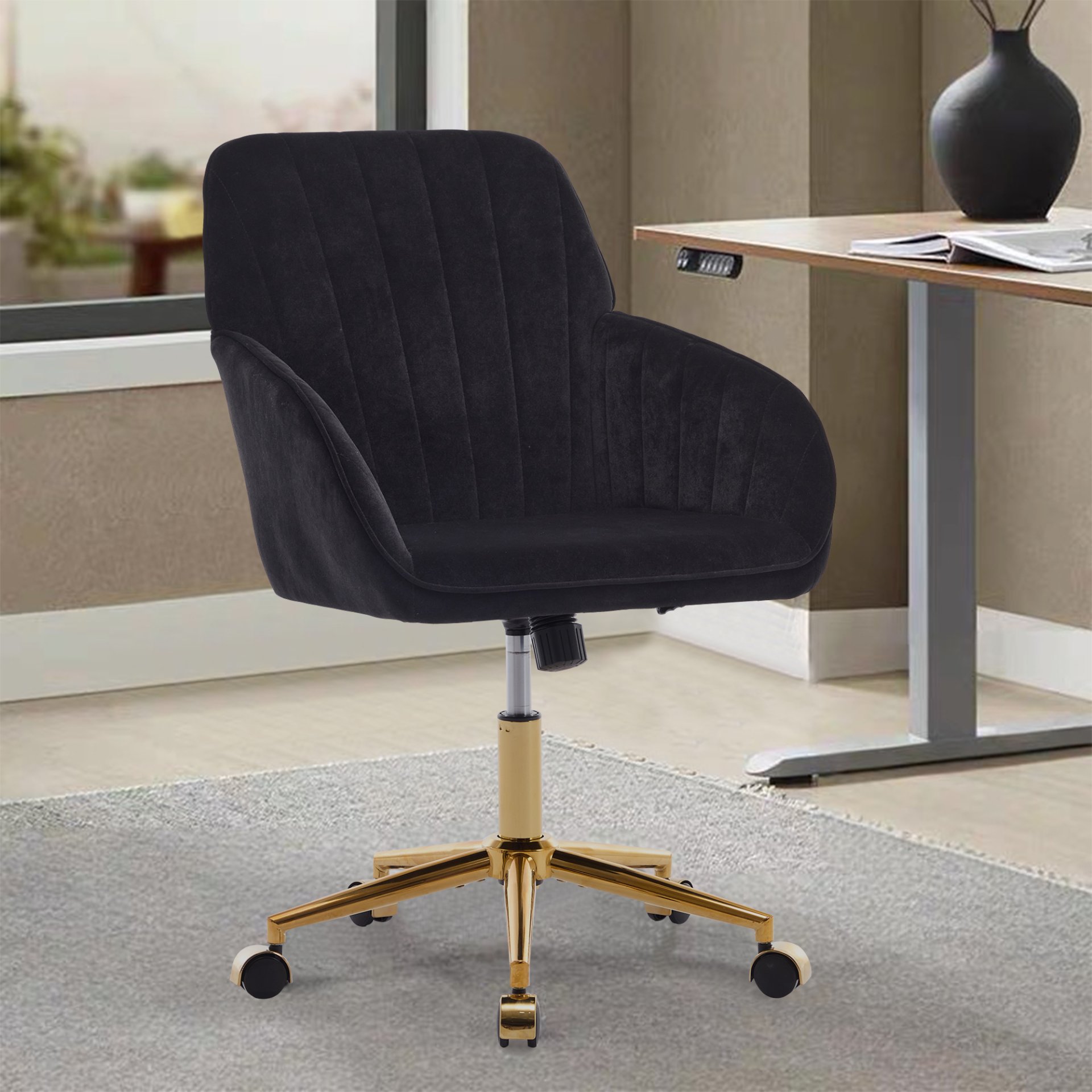 Adjustable Office Chair, Ergonomic Swivel Chair Velvet, Comfortable For Long Sitting - Black - Image 11