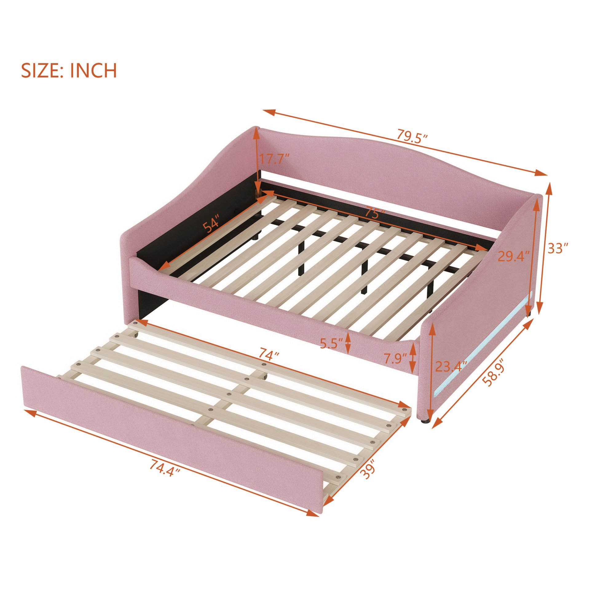 Full Size Upholstered Daybed With Light And Trundle - Pink - Image 7